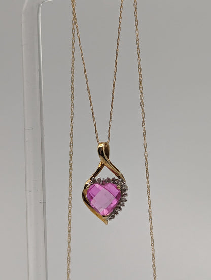 10K Yellow Gold Pink Sapphire Heart Diamond Pendant Gold Chain Necklace. 10k Sapphire Heart Pendant. 10k Heart Pendant