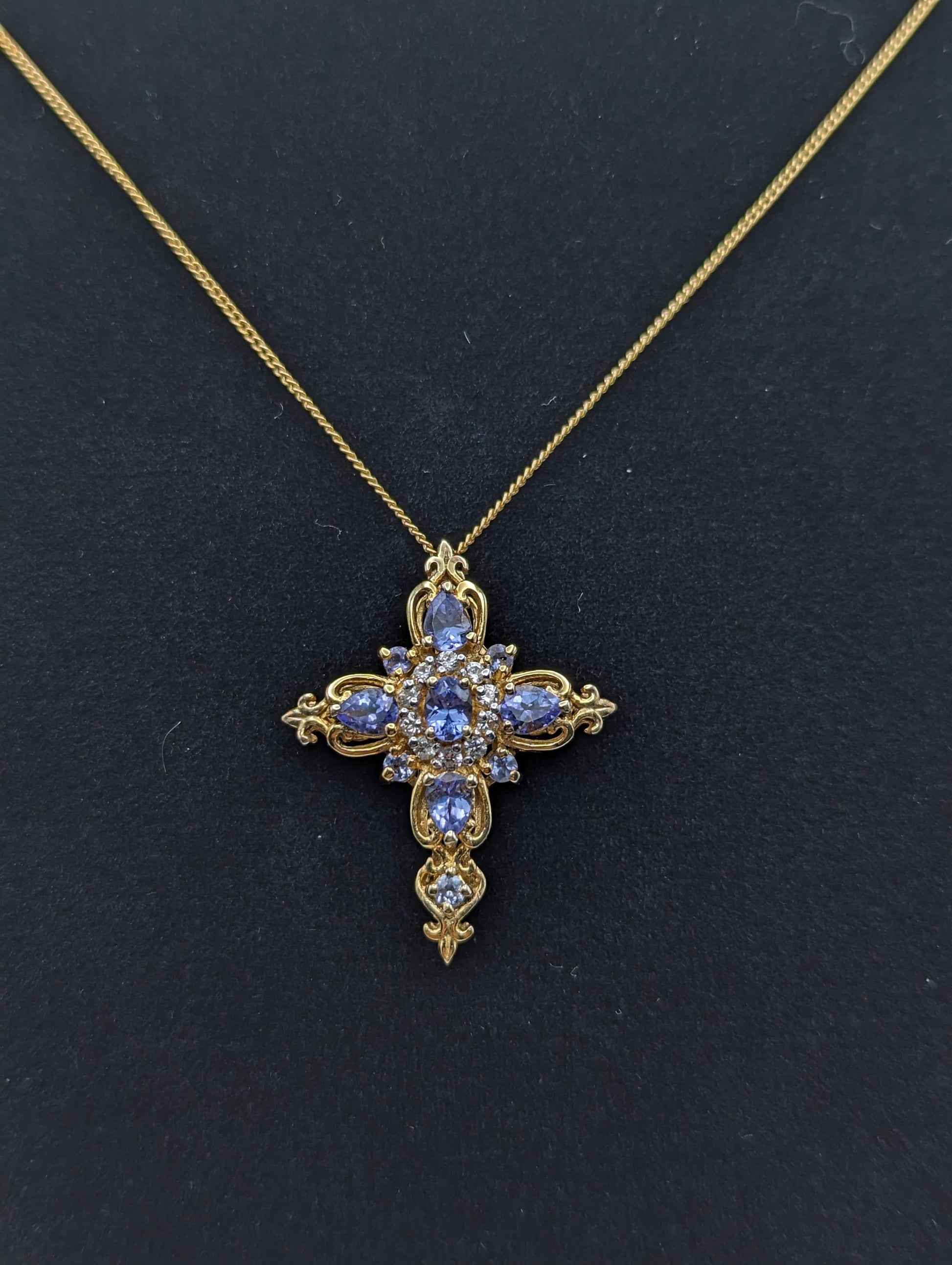 Gold Filled Cross Blue Tanzanite Pendant Necklace Crucifix Yellow Gold Cross Pendant 20" Necklace.