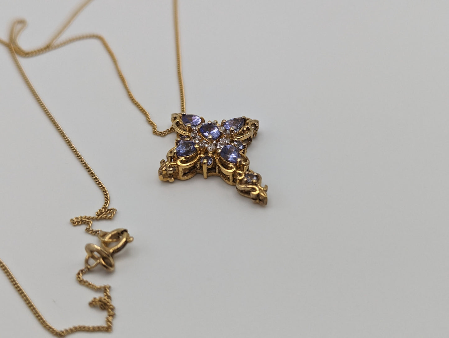 Gold Filled Cross Blue Tanzanite Pendant Necklace Crucifix Yellow Gold Cross Pendant 20" Necklace.