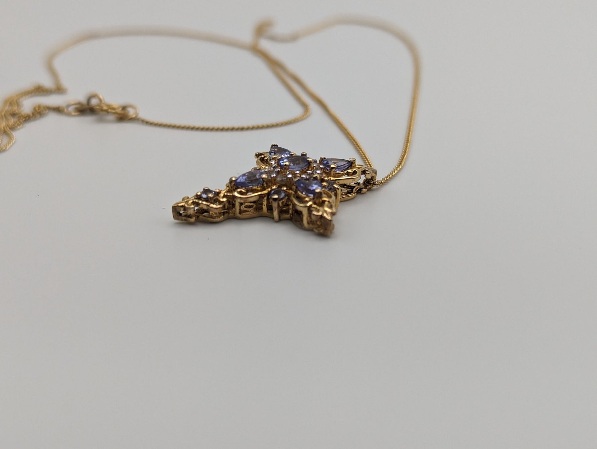 Gold Filled Cross Blue Tanzanite Pendant Necklace Crucifix Yellow Gold Cross Pendant 20" Necklace.