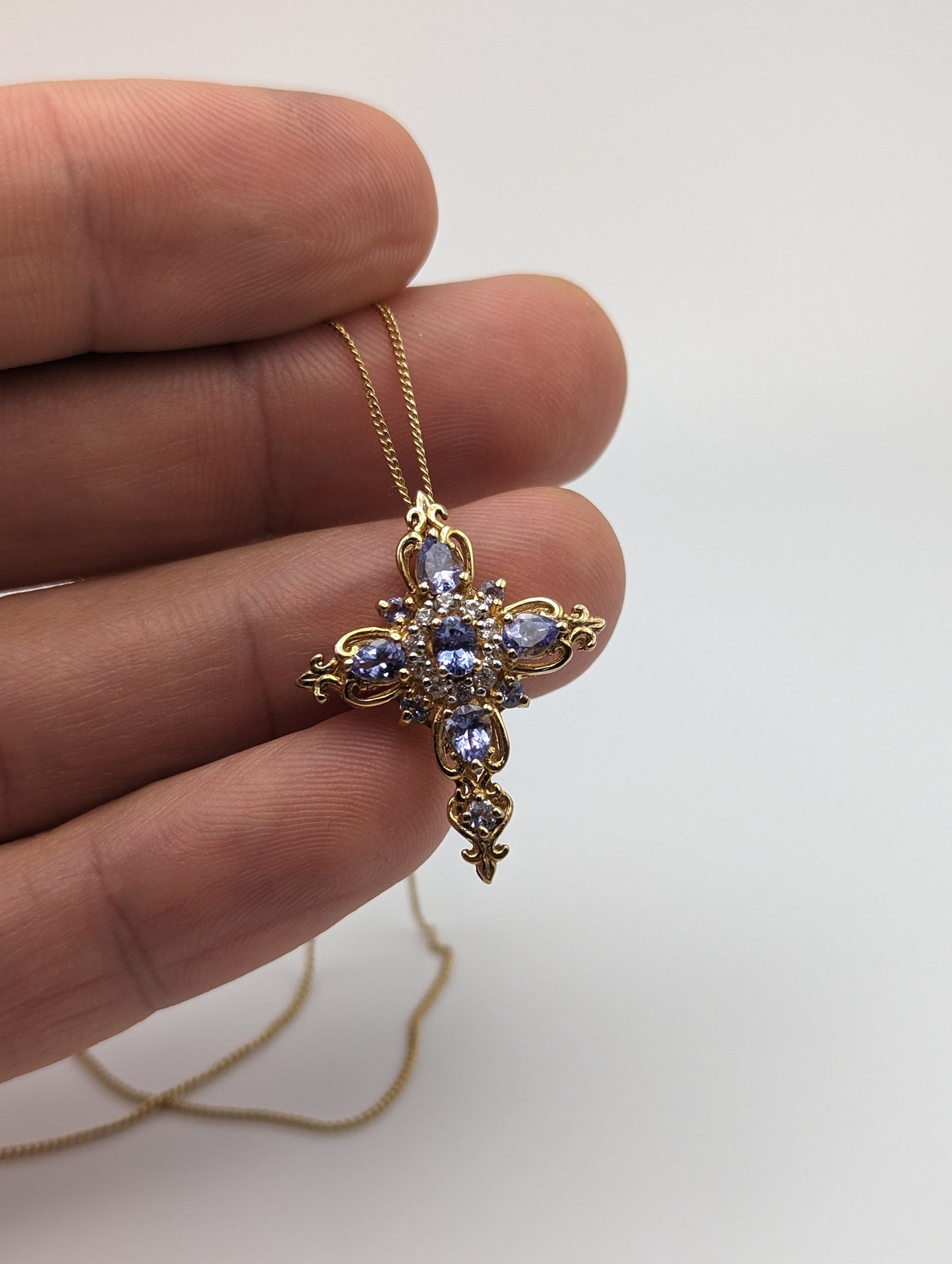 Gold Filled Cross Blue Tanzanite Pendant Necklace Crucifix Yellow Gold Cross Pendant 20" Necklace.