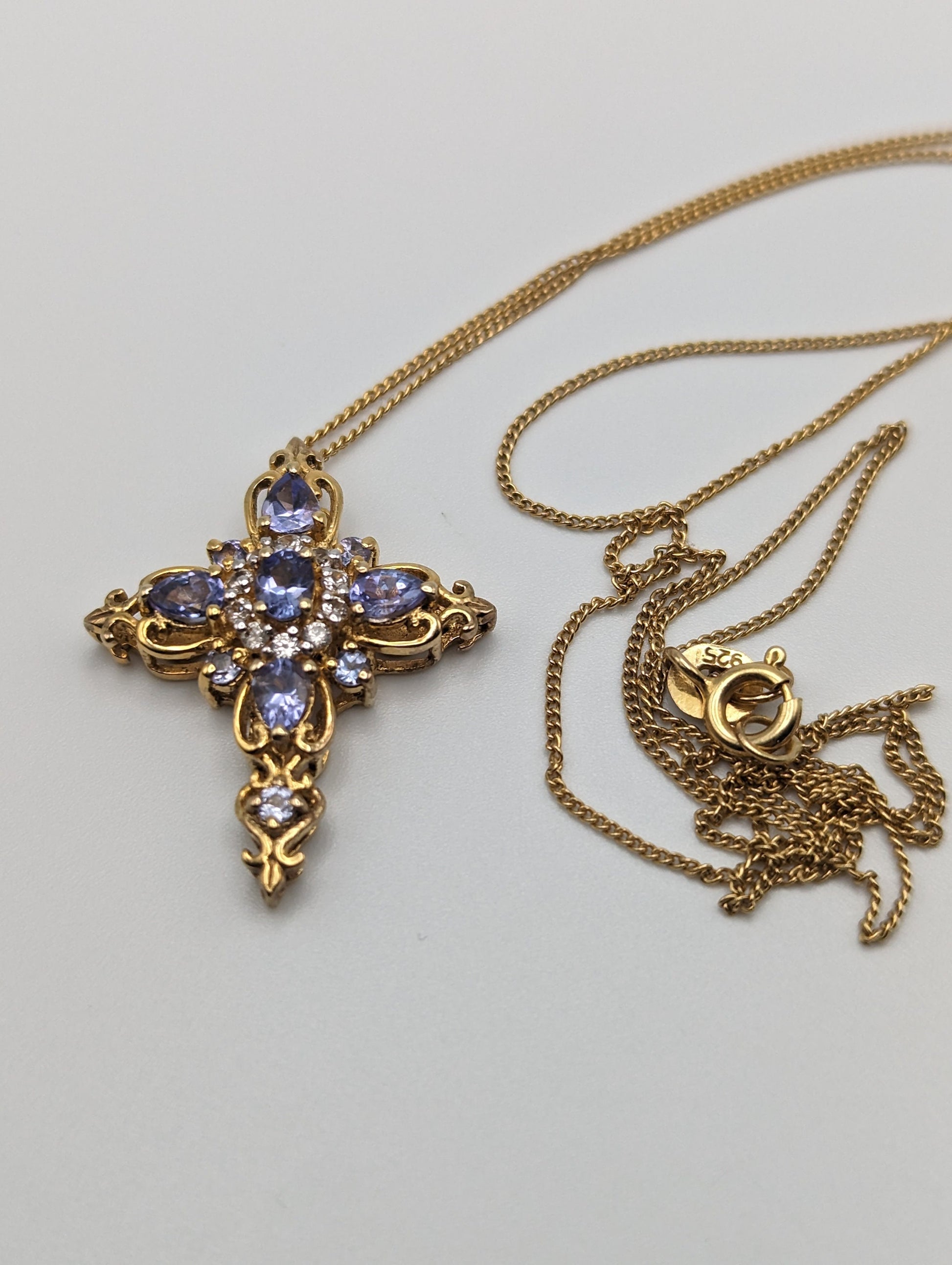 Gold Filled Cross Blue Tanzanite Pendant Necklace Crucifix Yellow Gold Cross Pendant 20" Necklace.