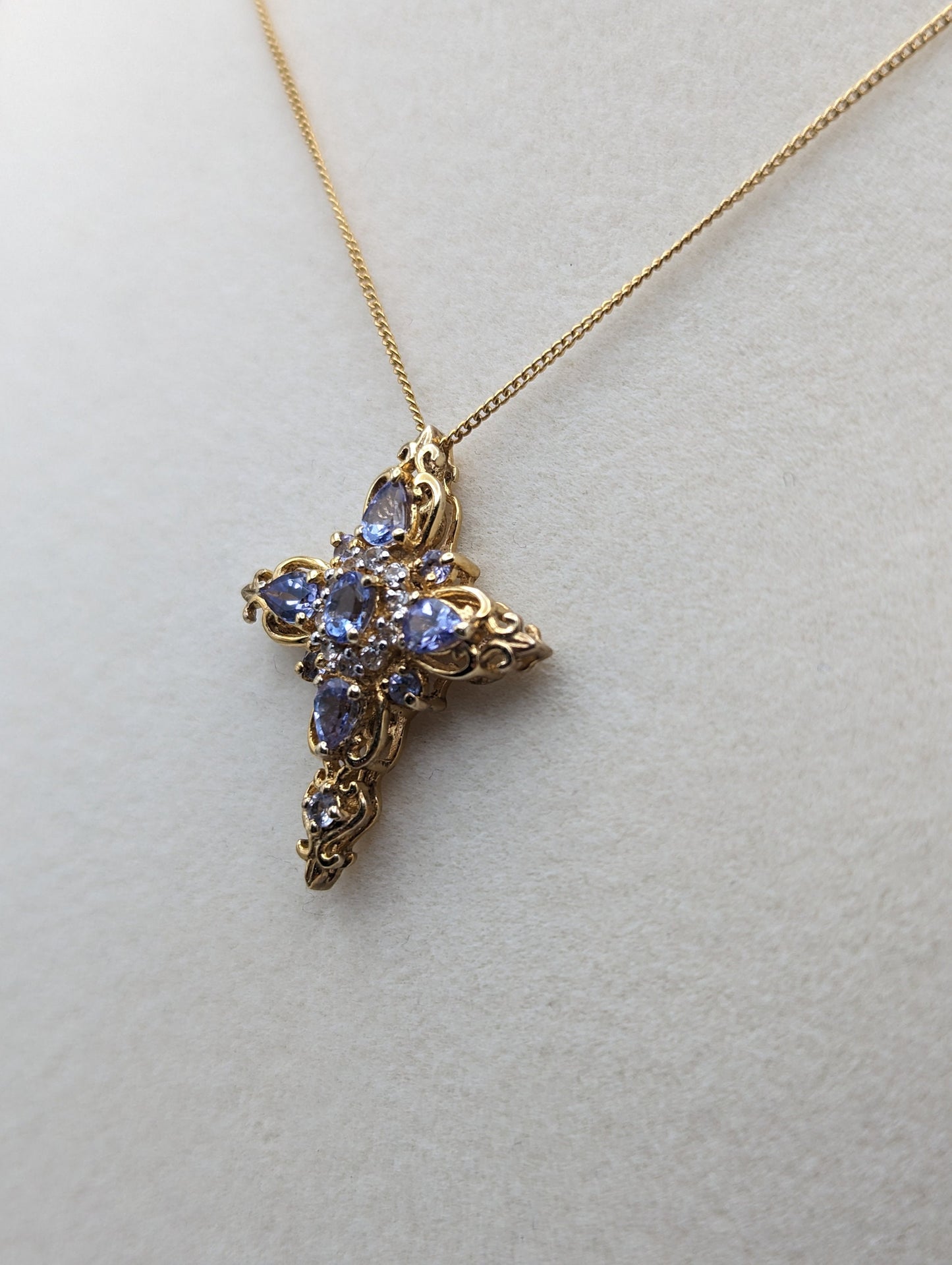 Gold Filled Cross Blue Tanzanite Pendant Necklace Crucifix Yellow Gold Cross Pendant 20" Necklace.