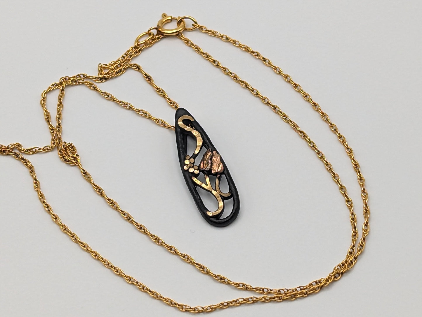 Silver Black Hills Gold Rose Gold Vine Pendant w/ 12k GF Necklace. BHG Vine Pendant Necklace 18 "