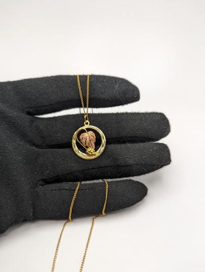 10k 12k Black Hills Rose Gold Leaf & Vine Round Pendant w Necklace 12K GF Chain. 10k Black Hills Gold Vine Necklace Pendant