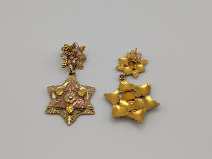 Large Black Hills Gold Traditional 10k Gold Vine Flower Earrings 10k Rose Gold Black Hills Gold Trio Gold Vine Leaf Flower Earrings.