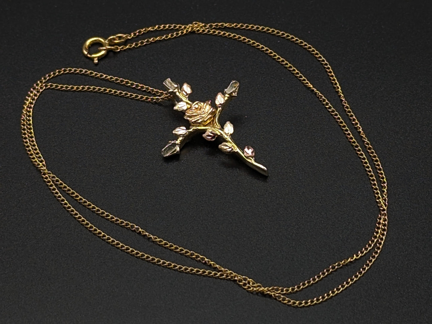 10k and Sterling Silver Cross Heart Black Hills Gold Pendant w GF 18" Chain BHG Green Rose Gold Leaf & Vine Cross Pendant w Necklace 10K GF