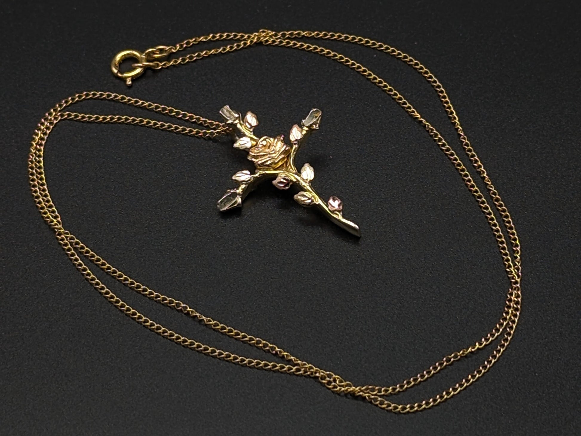 10k and Sterling Silver Cross Heart Black Hills Gold Pendant w GF 18" Chain BHG Green Rose Gold Leaf & Vine Cross Pendant w Necklace 10K GF