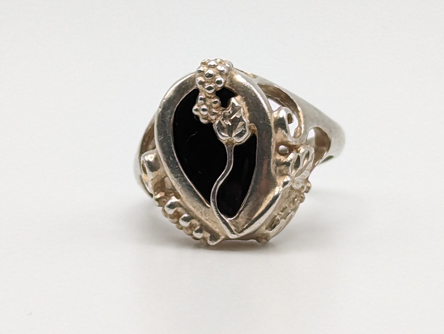 Heavy Sterling Silver Grape Vine Black Hills Gold Onyx Tear Shaped Flower Ring. Black Hills Gold Vine Ring. Signet Silver Ring.