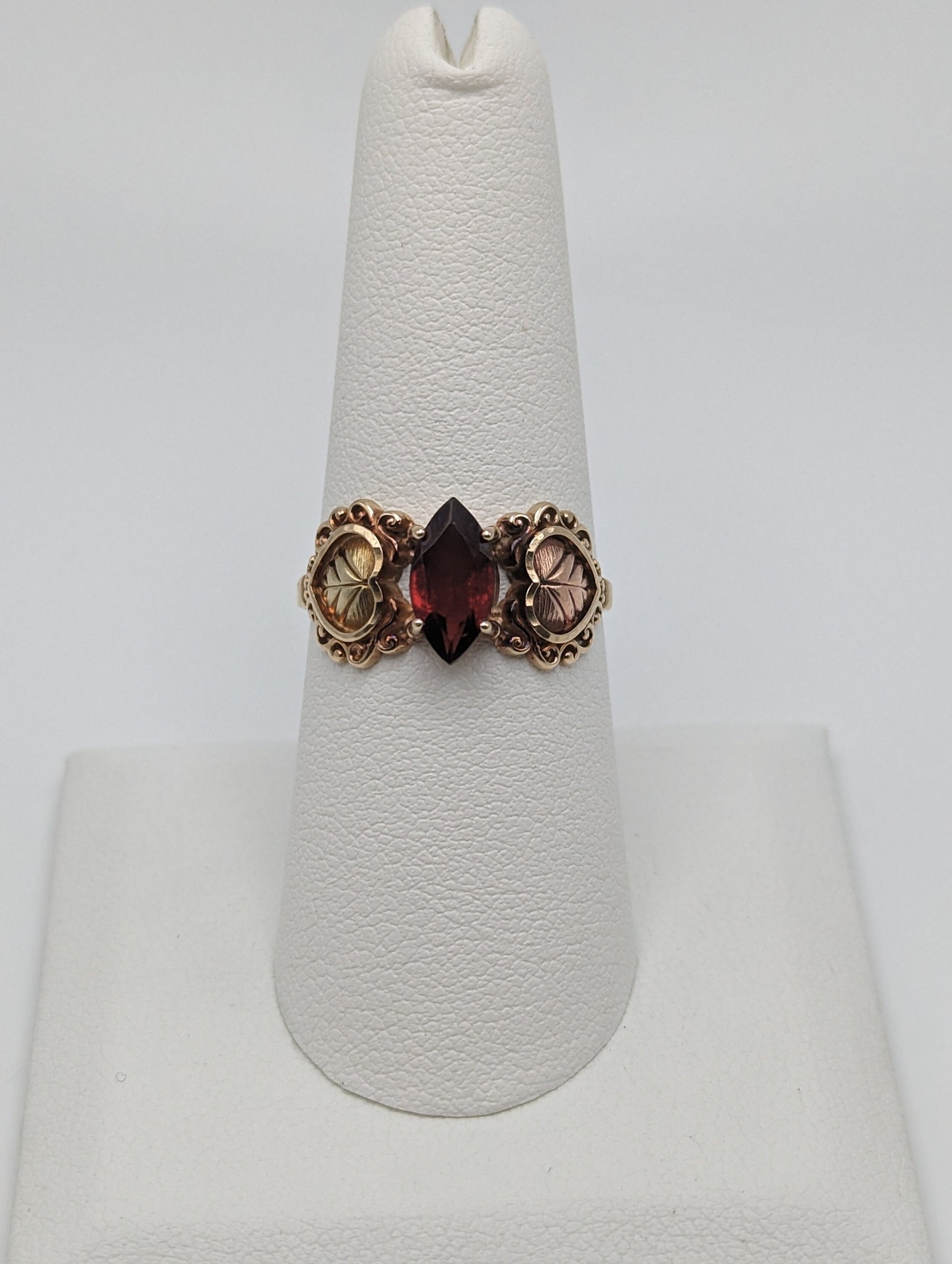 10k 12k Black Hills Gold Red Garnet Marquise Cut Stone Ring Leaf Red Stone Leaf Filigree Ring. 10k Womens Black Hills Vine Ring.