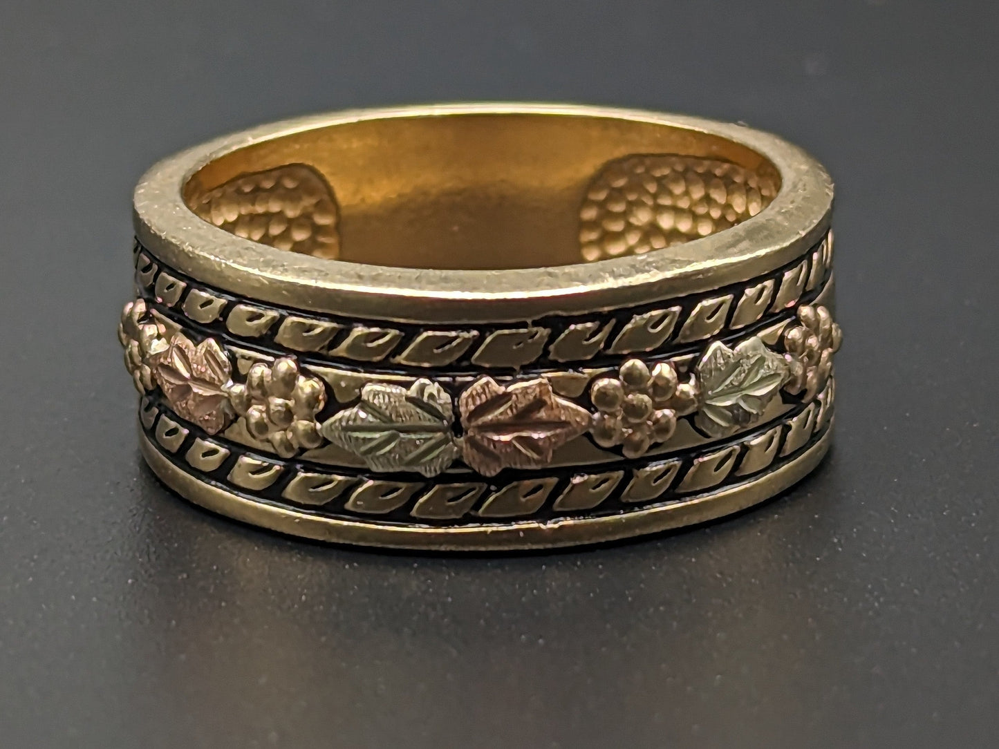 10k 12k Signet Ring 9mm Wide Wedding Band Black Hills Gold Vine Leaf Statement Engagement