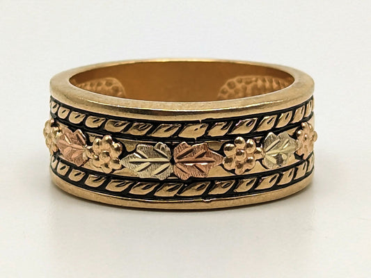 10k 12k Signet Ring 9mm Wide Wedding Band Black Hills Gold Vine Leaf Statement Engagement