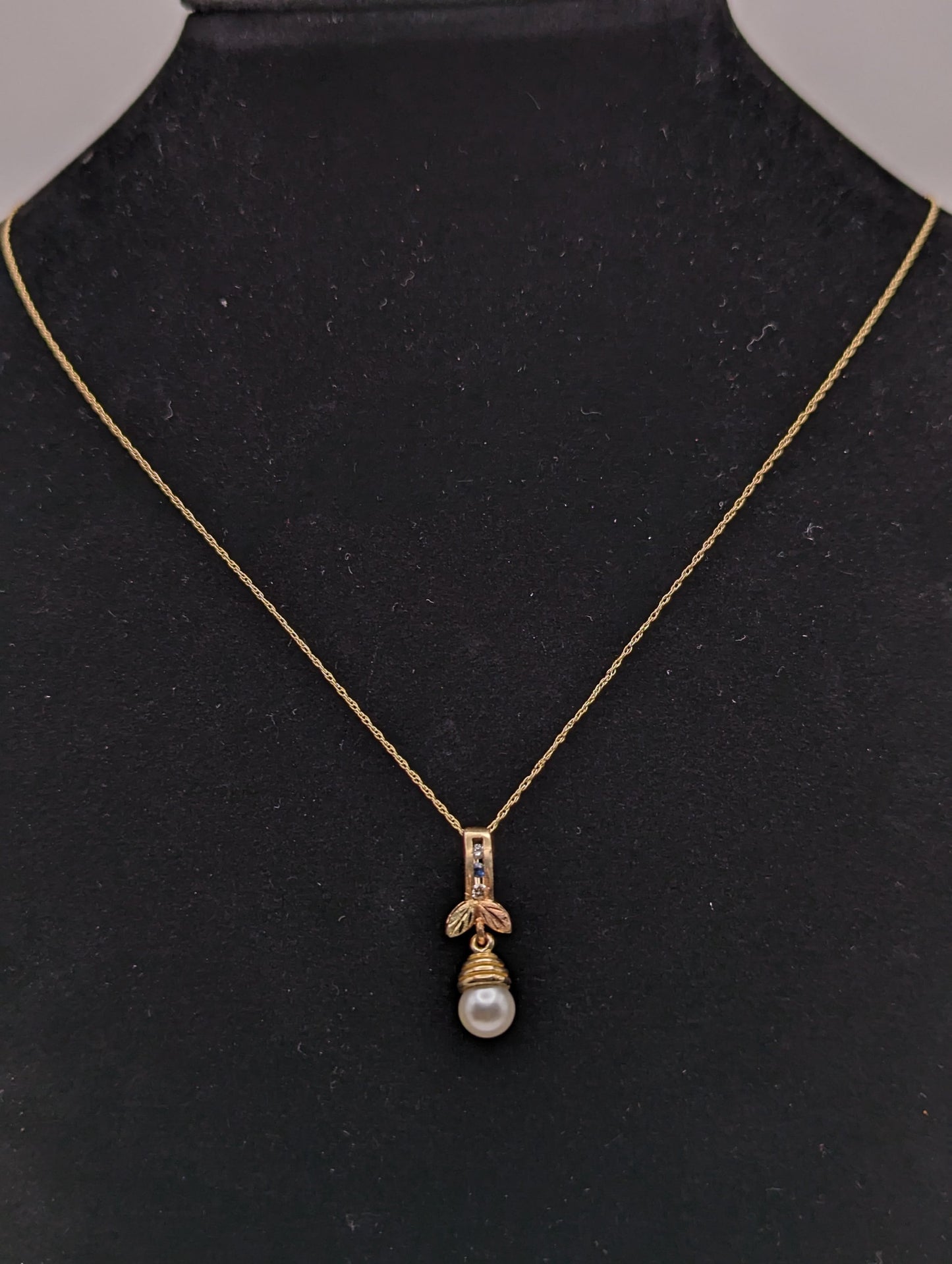 12k Pearl Pendant Black Hills Gold Diamond White Sapphire Blue Topaz 14k Necklace Gold Pearl Chain Pendant + 14k Yellow Gold 19" Chain