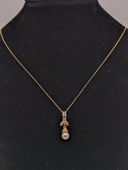 12k Pearl Pendant Black Hills Gold Diamond White Sapphire Blue Topaz 14k Necklace Gold Pearl Chain Pendant + 14k Yellow Gold 19" Chain