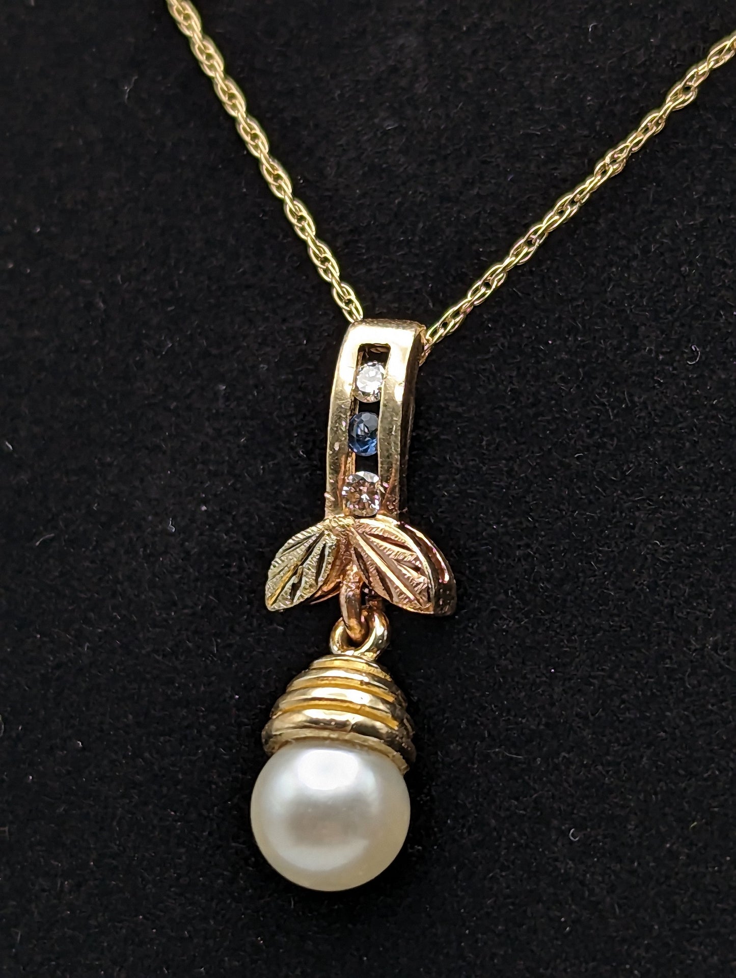 12k Pearl Pendant Black Hills Gold Diamond White Sapphire Blue Topaz 14k Necklace Gold Pearl Chain Pendant + 14k Yellow Gold 19" Chain