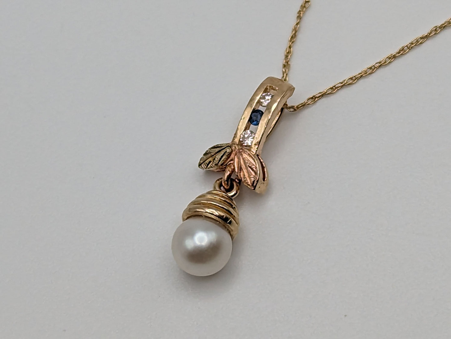 12k Pearl Pendant Black Hills Gold Diamond White Sapphire Blue Topaz 14k Necklace Gold Pearl Chain Pendant + 14k Yellow Gold 19" Chain