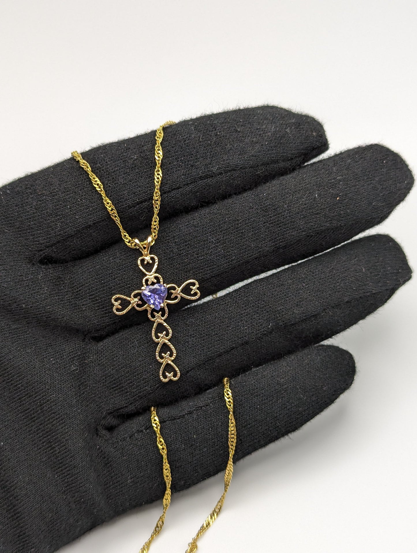 Large 14k Heart Cross with Blue Iolite Pendant. 14k Yellow Gold Crucifix. 14k Yellow Gold Cross Pendant + Complimentary 18k GF Necklace