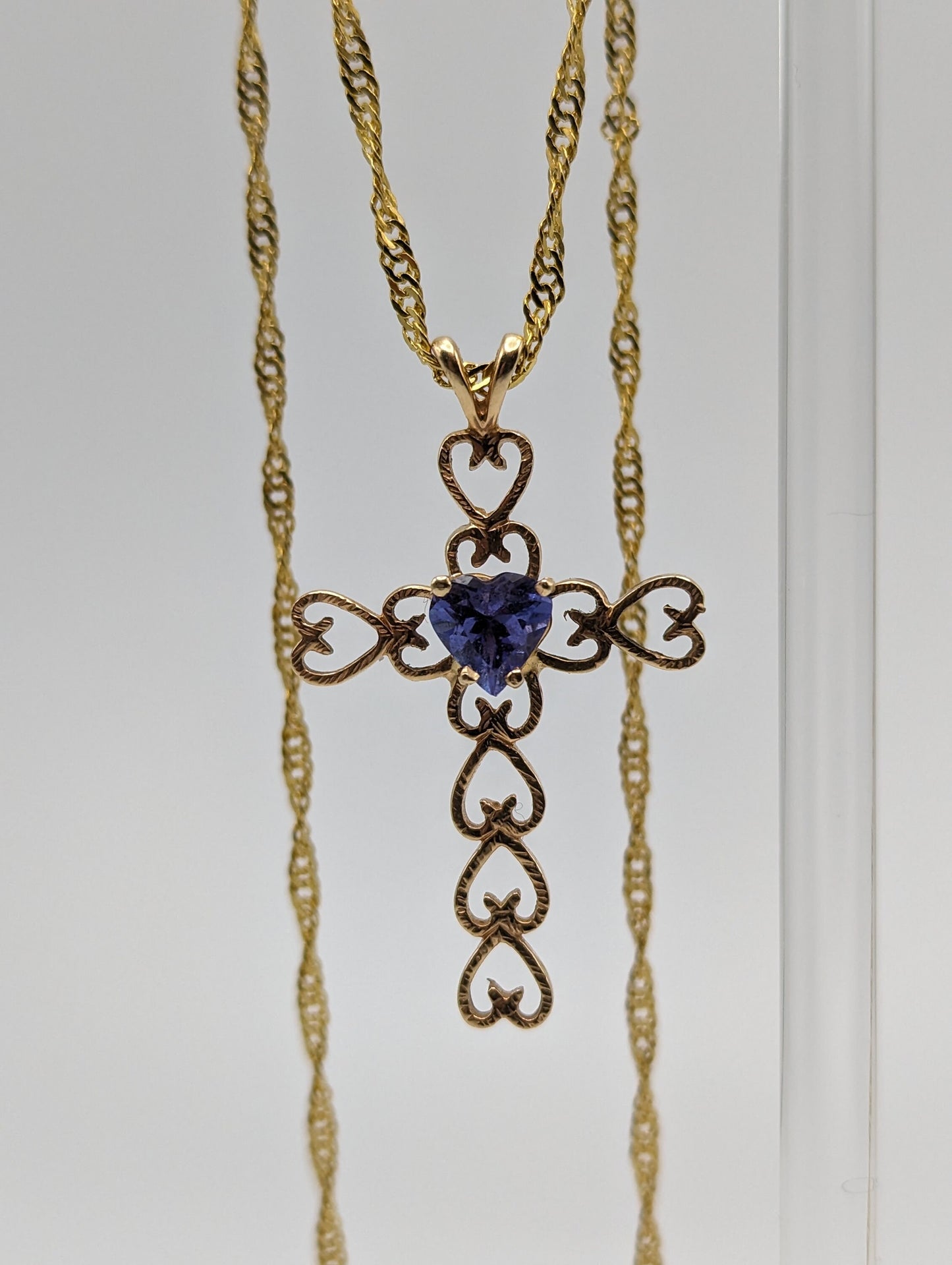 Large 14k Heart Cross with Blue Iolite Pendant. 14k Yellow Gold Crucifix. 14k Yellow Gold Cross Pendant + Complimentary 18k GF Necklace