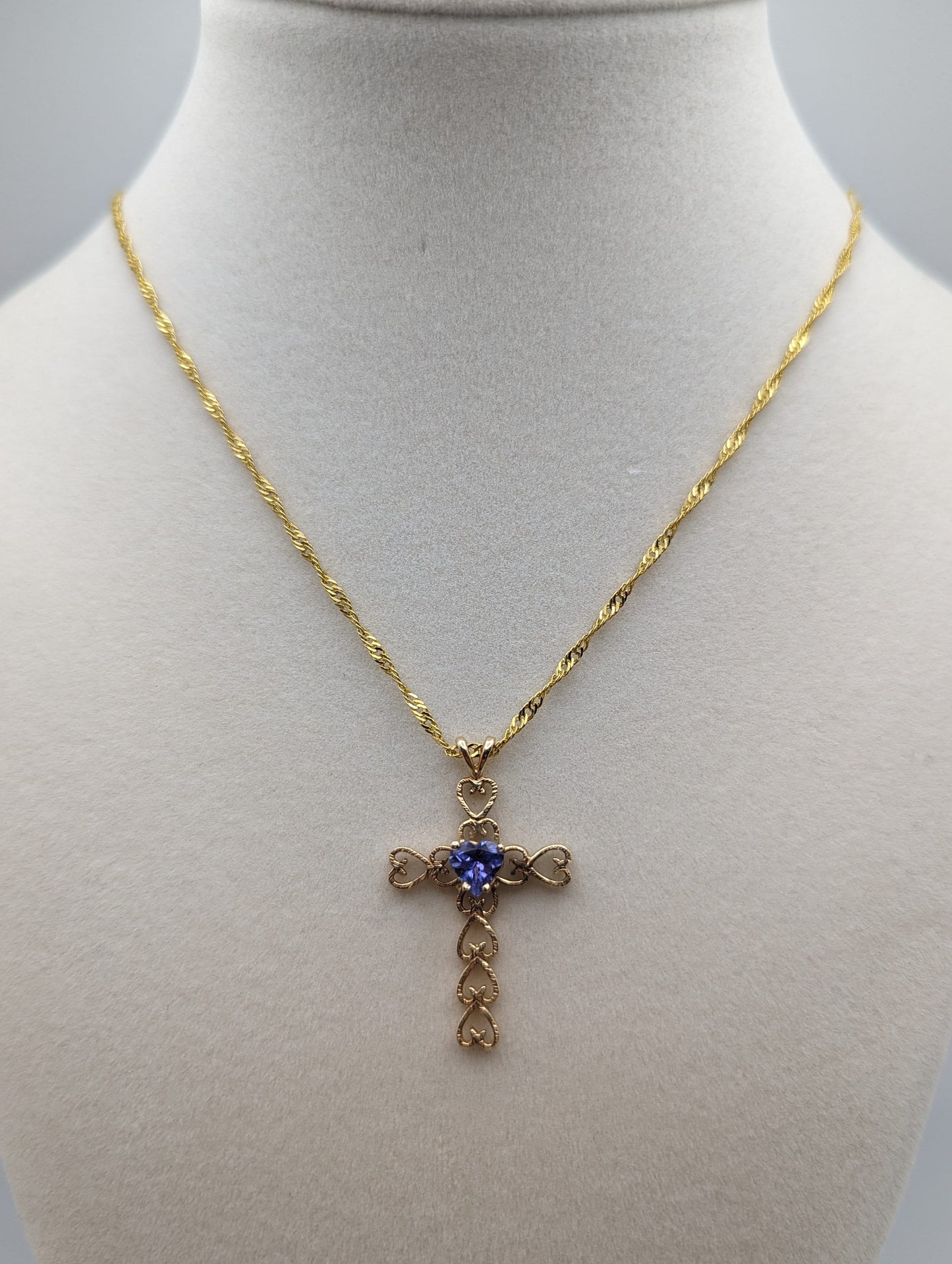 Large 14k Heart Cross with Blue Iolite Pendant. 14k Yellow Gold Crucifix. 14k Yellow Gold Cross Pendant + Complimentary 18k GF Necklace