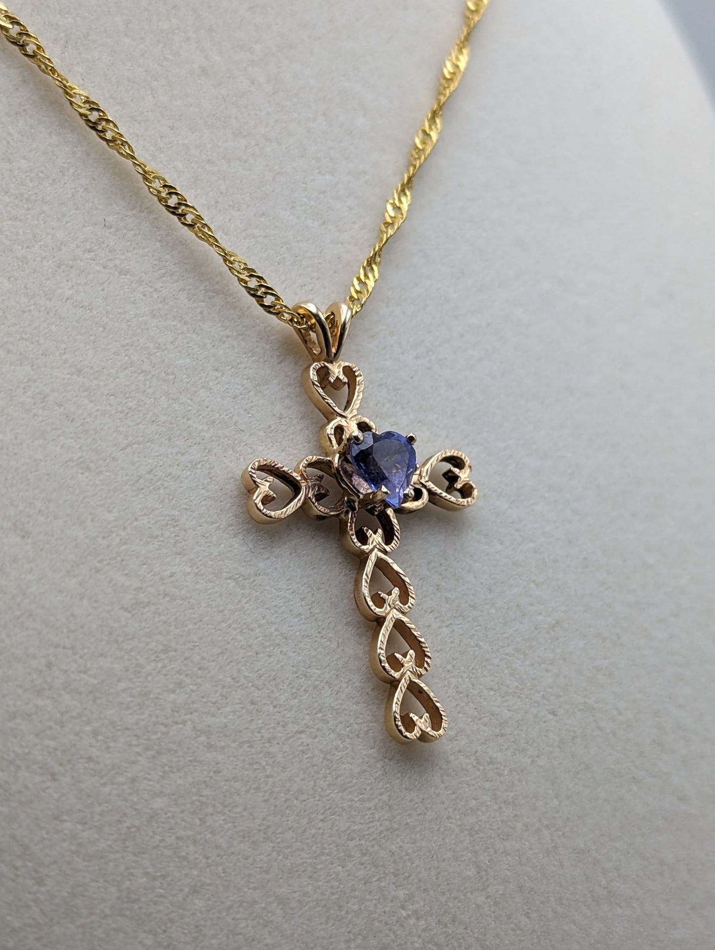 Large 14k Heart Cross with Blue Iolite Pendant. 14k Yellow Gold Crucifix. 14k Yellow Gold Cross Pendant + Complimentary 18k GF Necklace