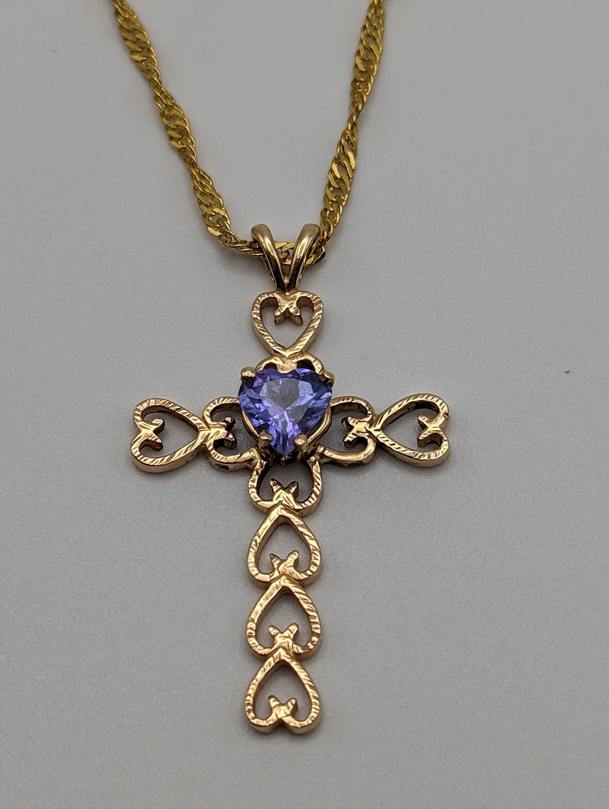 Large 14k Heart Cross with Blue Iolite Pendant. 14k Yellow Gold Crucifix. 14k Yellow Gold Cross Pendant + Complimentary 18k GF Necklace