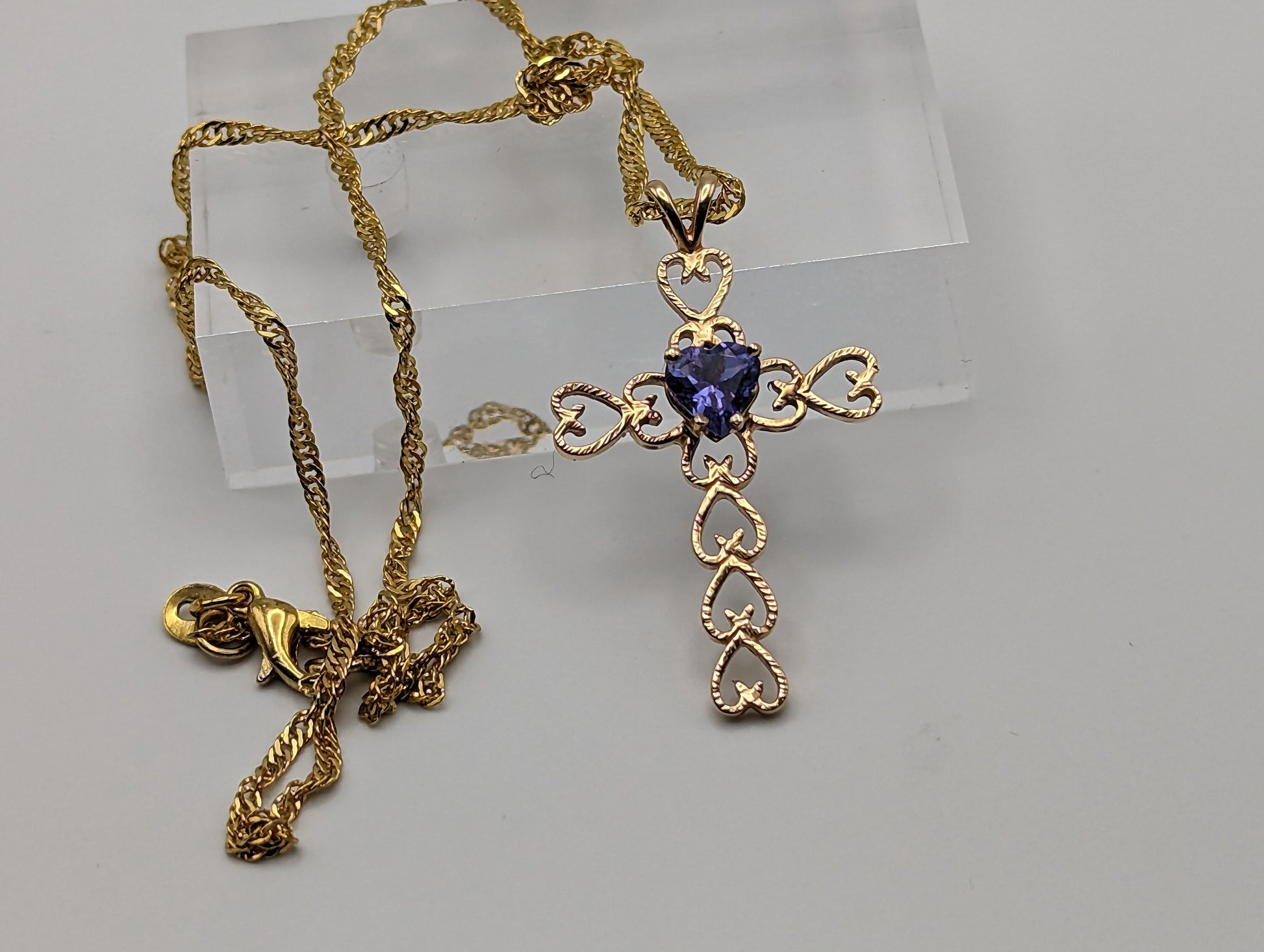 Large 14k Heart Cross with Blue Iolite Pendant. 14k Yellow Gold Crucifix. 14k Yellow Gold Cross Pendant + Complimentary 18k GF Necklace