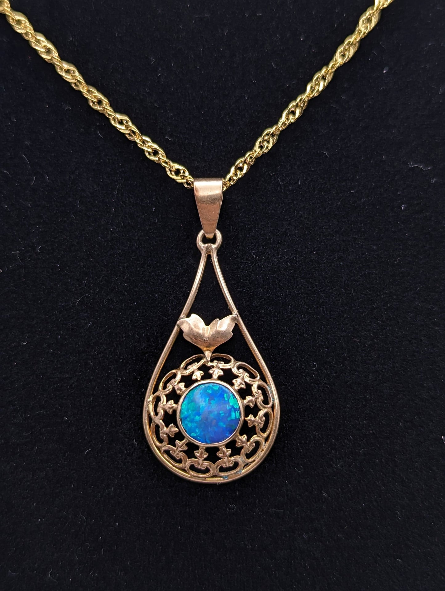 Antique 14k Yellow Gold Blue Opal Pendant Art Deco Necklace Tear Drop Filigree Opal Pendant Complimentary 18k GF necklace