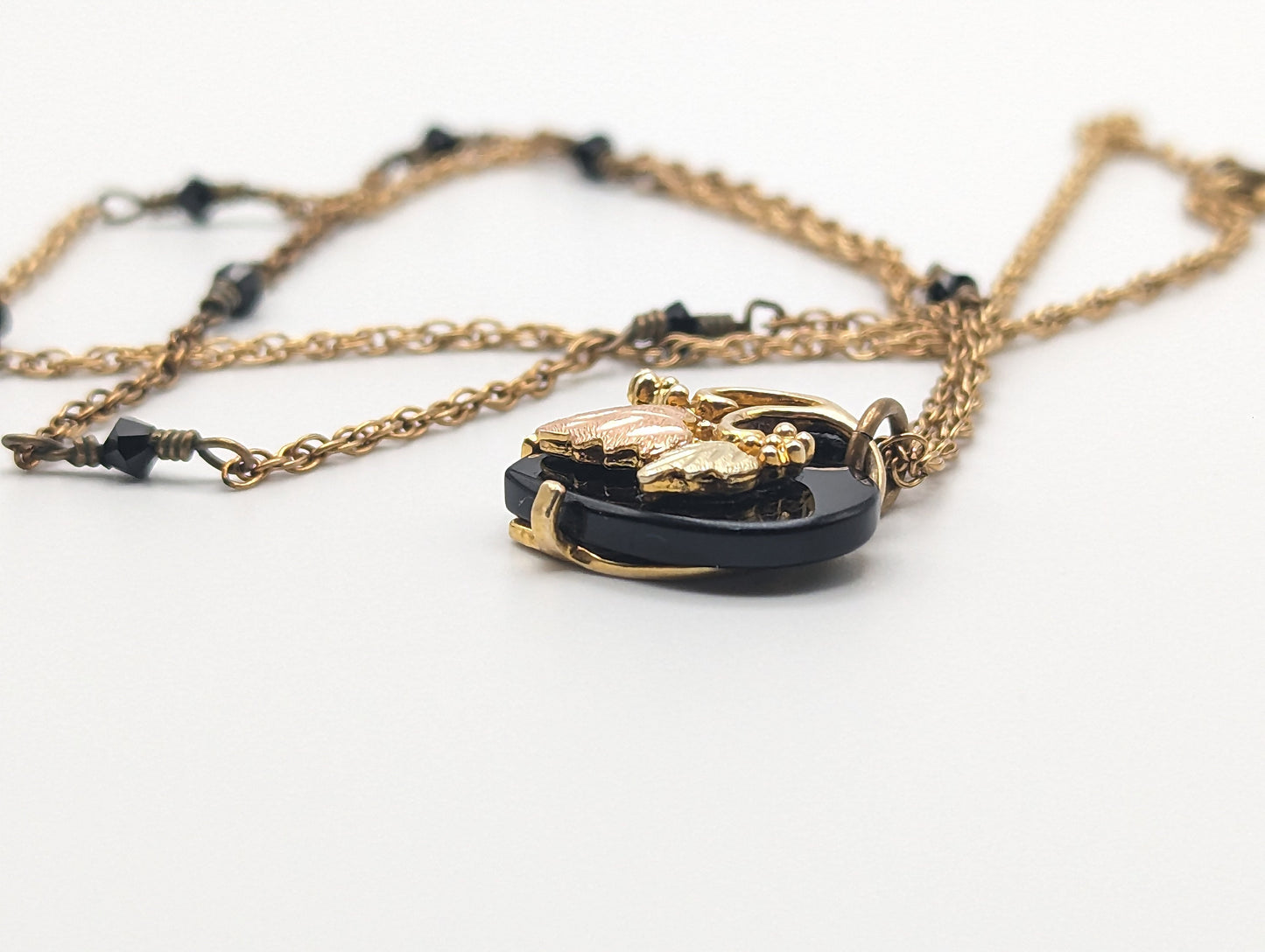 10k 12k Black Hills Gold Rose Gold Vine Onyx Heart Pendant w/ 12k GF Necklace. BHG Onyx Heart Pendant Necklace 20 "