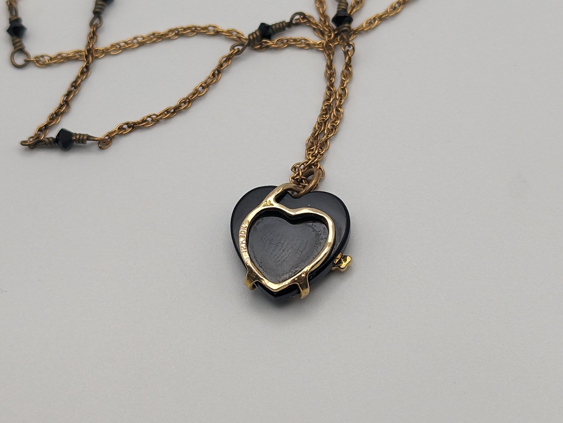 10k 12k Black Hills Gold Rose Gold Vine Onyx Heart Pendant w/ 12k GF Necklace. BHG Onyx Heart Pendant Necklace 20 "