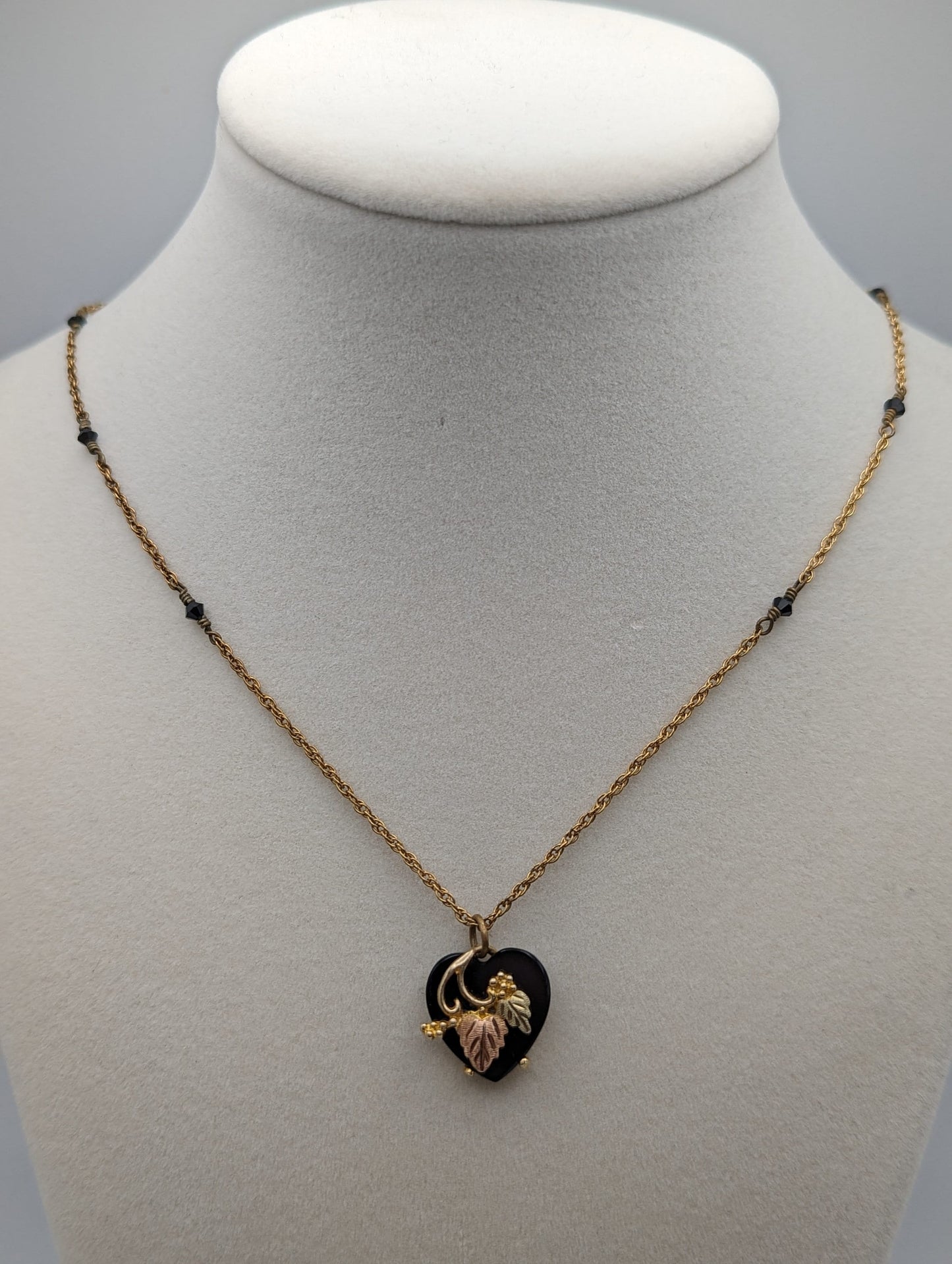 10k 12k Black Hills Gold Rose Gold Vine Onyx Heart Pendant w/ 12k GF Necklace. BHG Onyx Heart Pendant Necklace 20 "