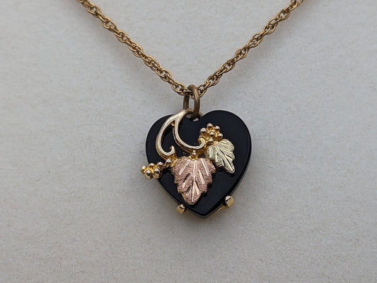 10k 12k Black Hills Gold Rose Gold Vine Onyx Heart Pendant w/ 12k GF Necklace. BHG Onyx Heart Pendant Necklace 20 "