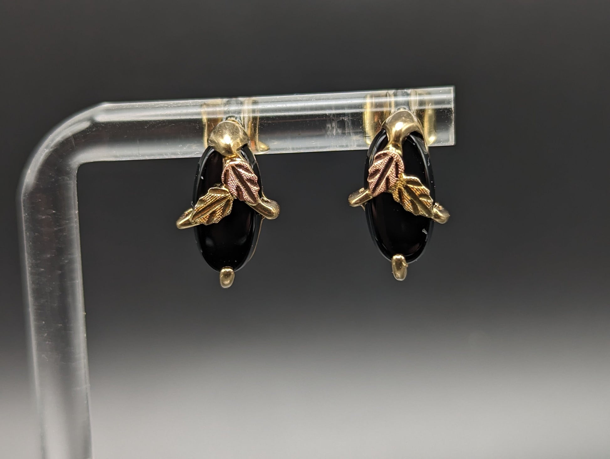 10k 14k Black Hills Gold Marquise Cut Onyx Earrings Tri Color Vintage Pierced Studs Onyx Earrings BHG