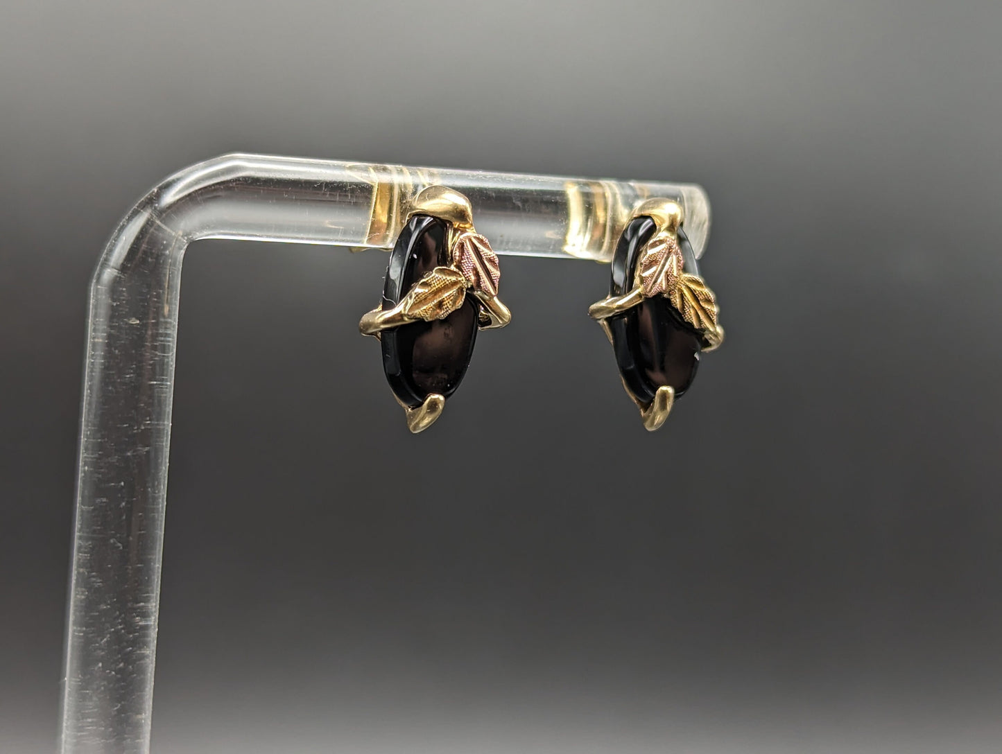 10k 14k Black Hills Gold Marquise Cut Onyx Earrings Tri Color Vintage Pierced Studs Onyx Earrings BHG