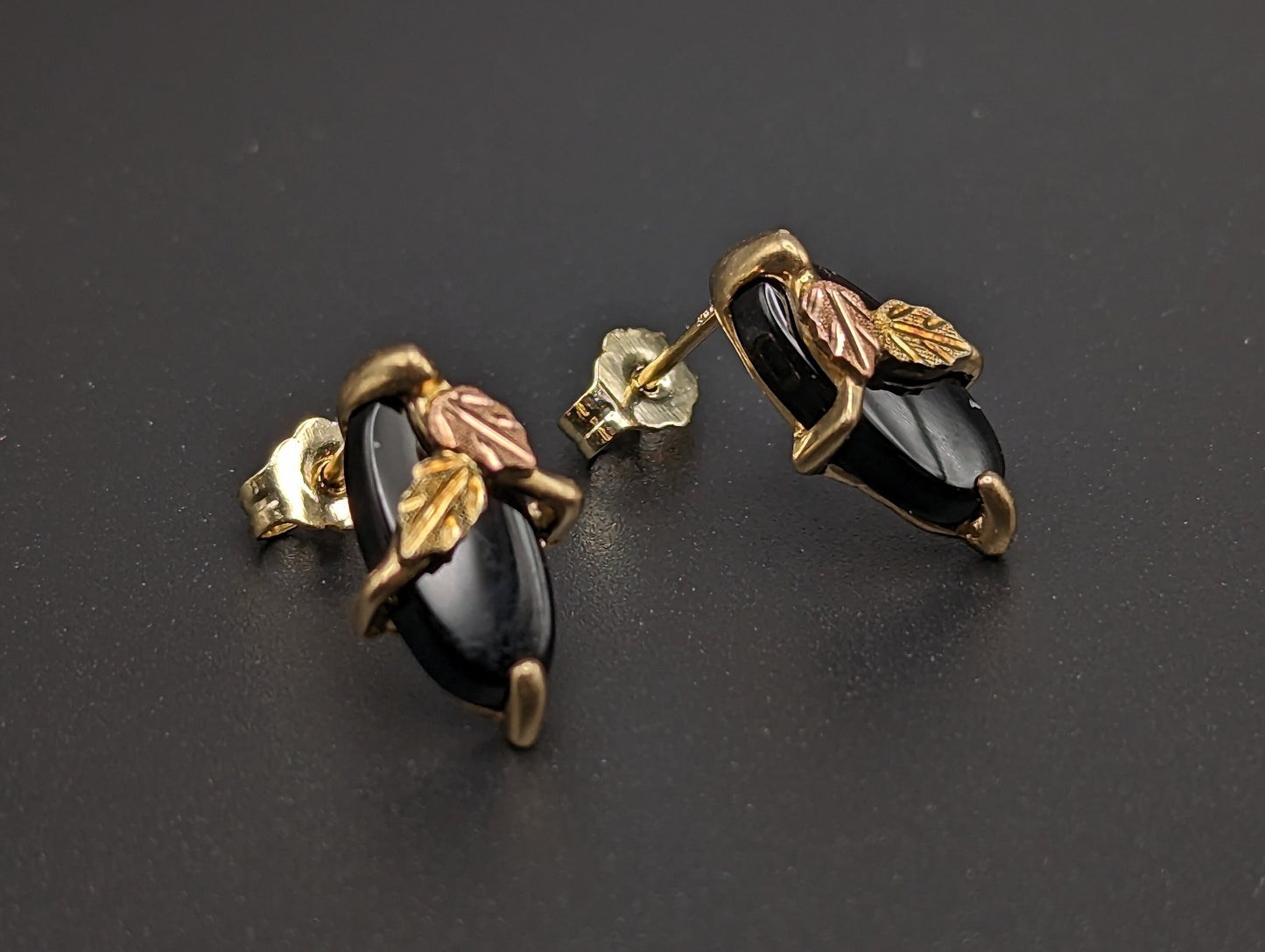 10k 14k Black Hills Gold Marquise Cut Onyx Earrings Tri Color Vintage Pierced Studs Onyx Earrings BHG
