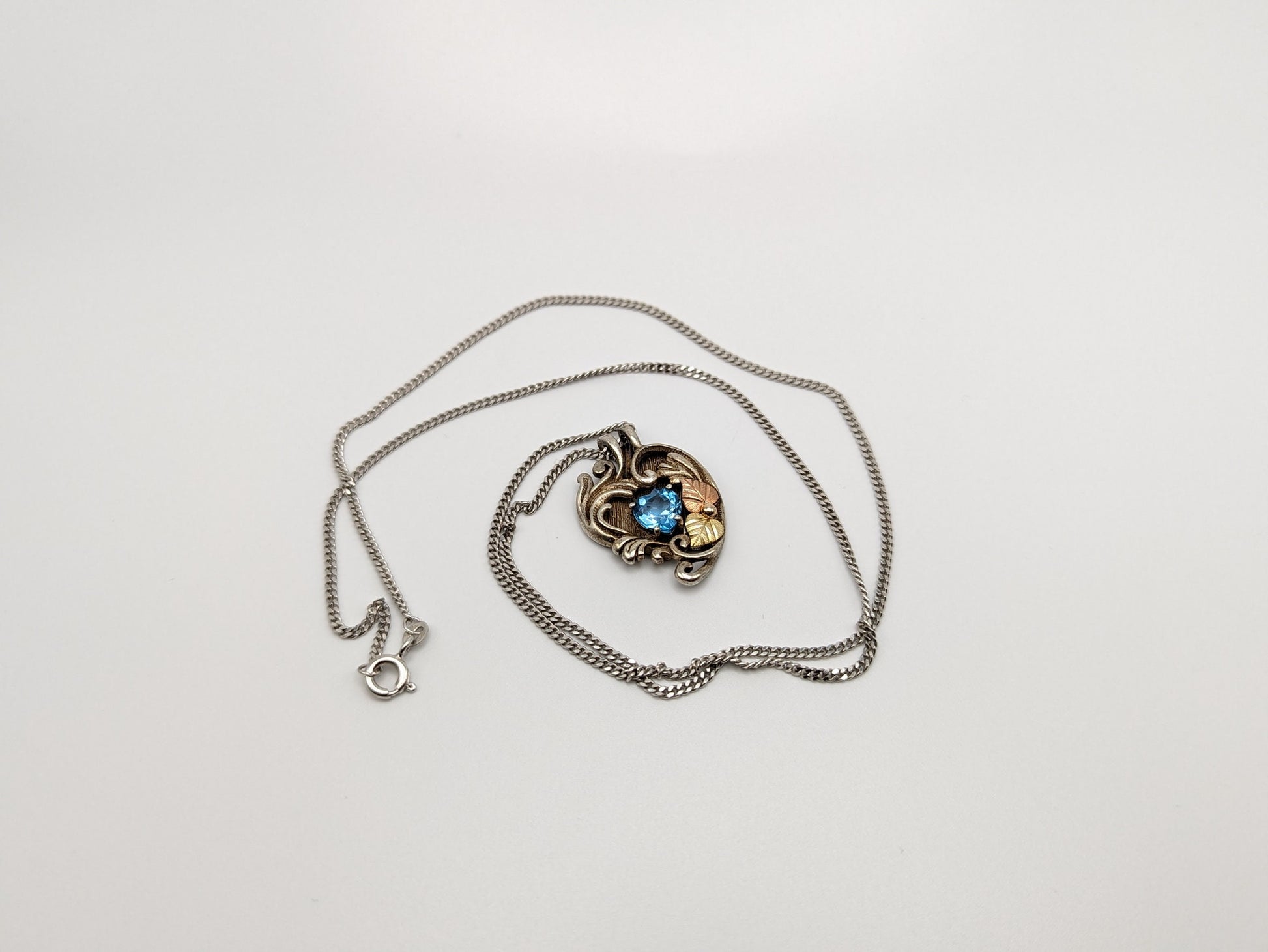 10k 12k Black Hills Gold Sterling Silver Swiss Blue Topaz w Gold Vine Heart Pendant Blue Topaz Necklace Silver Chain Pendant 20" Chain