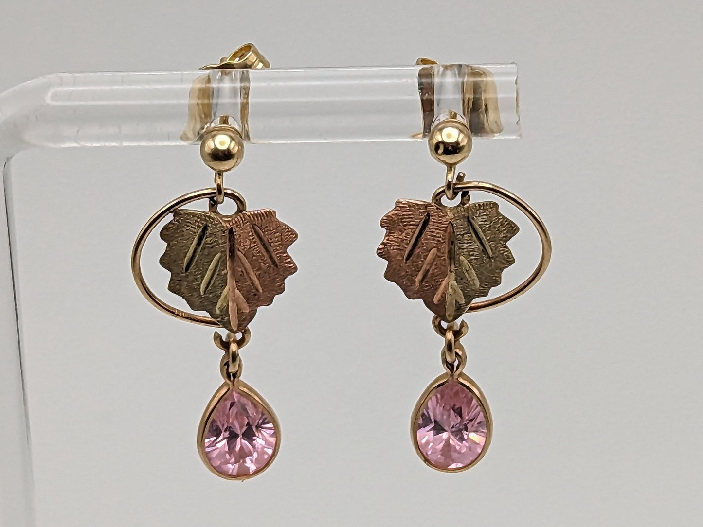 10k 12k Black Hills Gold Traditional Pink Topaz Gold Vine Dangle Earrings Rose Gold Black Hills Gold Trio Gold Vine Leaf Pink Topaz Earrings