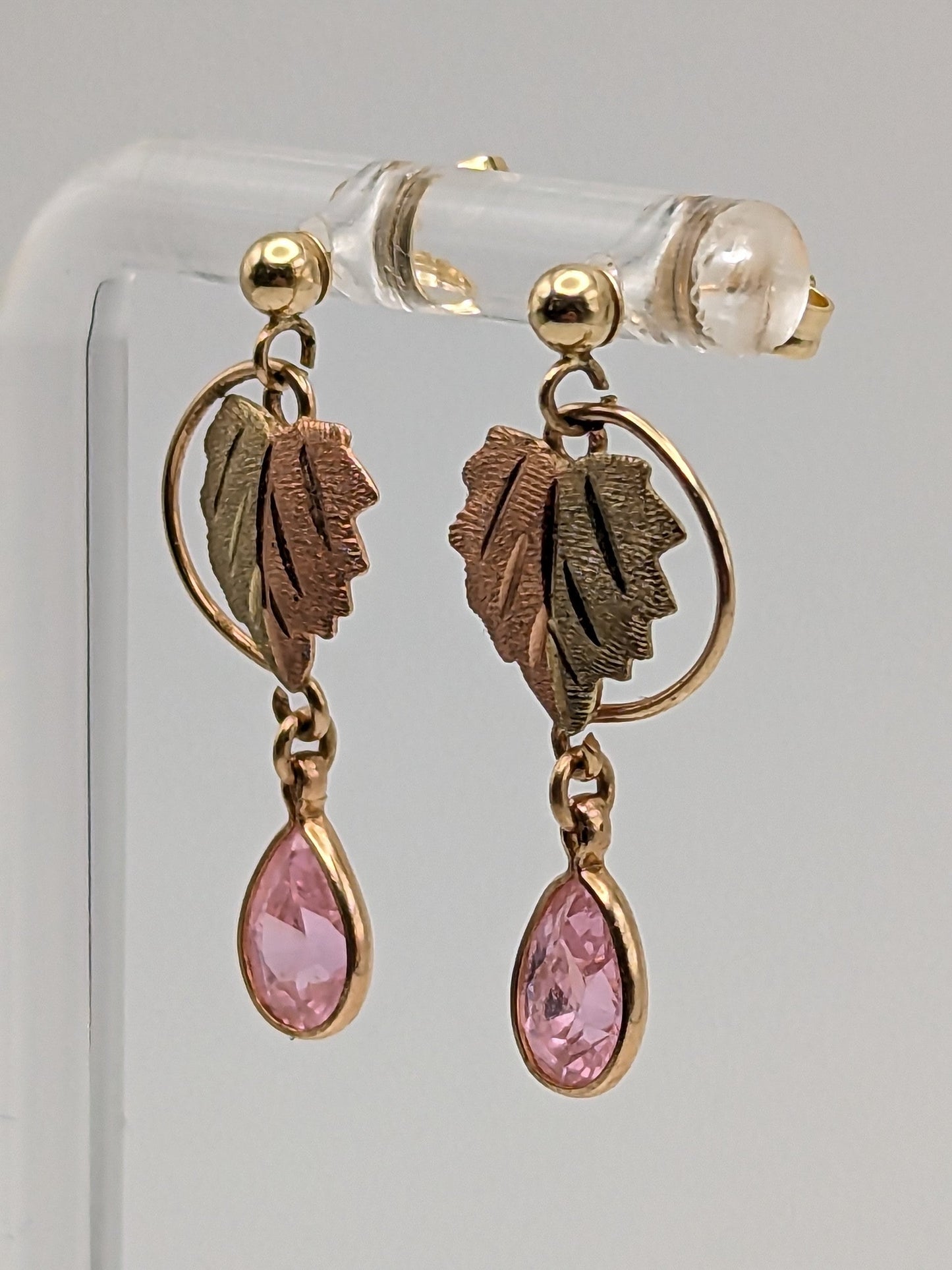 10k 12k Black Hills Gold Traditional Pink Topaz Gold Vine Dangle Earrings Rose Gold Black Hills Gold Trio Gold Vine Leaf Pink Topaz Earrings