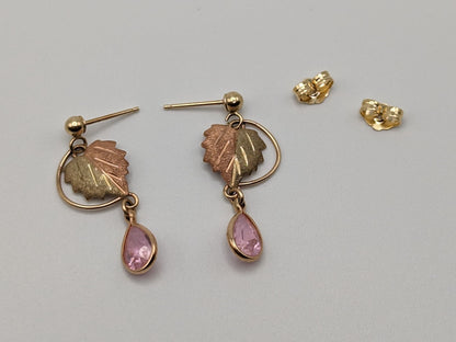 10k 12k Black Hills Gold Traditional Pink Topaz Gold Vine Dangle Earrings Rose Gold Black Hills Gold Trio Gold Vine Leaf Pink Topaz Earrings