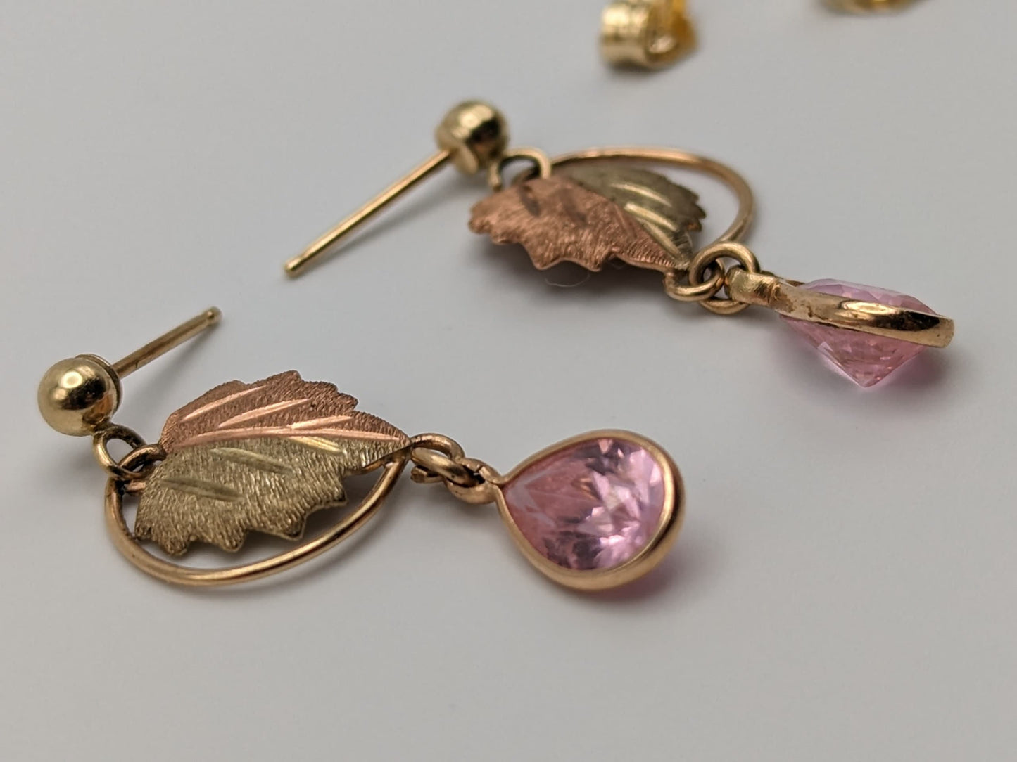 10k 12k Black Hills Gold Traditional Pink Topaz Gold Vine Dangle Earrings Rose Gold Black Hills Gold Trio Gold Vine Leaf Pink Topaz Earrings