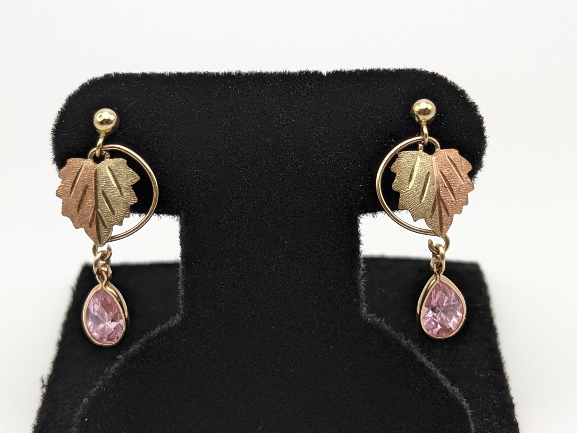 10k 12k Black Hills Gold Traditional Pink Topaz Gold Vine Dangle Earrings Rose Gold Black Hills Gold Trio Gold Vine Leaf Pink Topaz Earrings