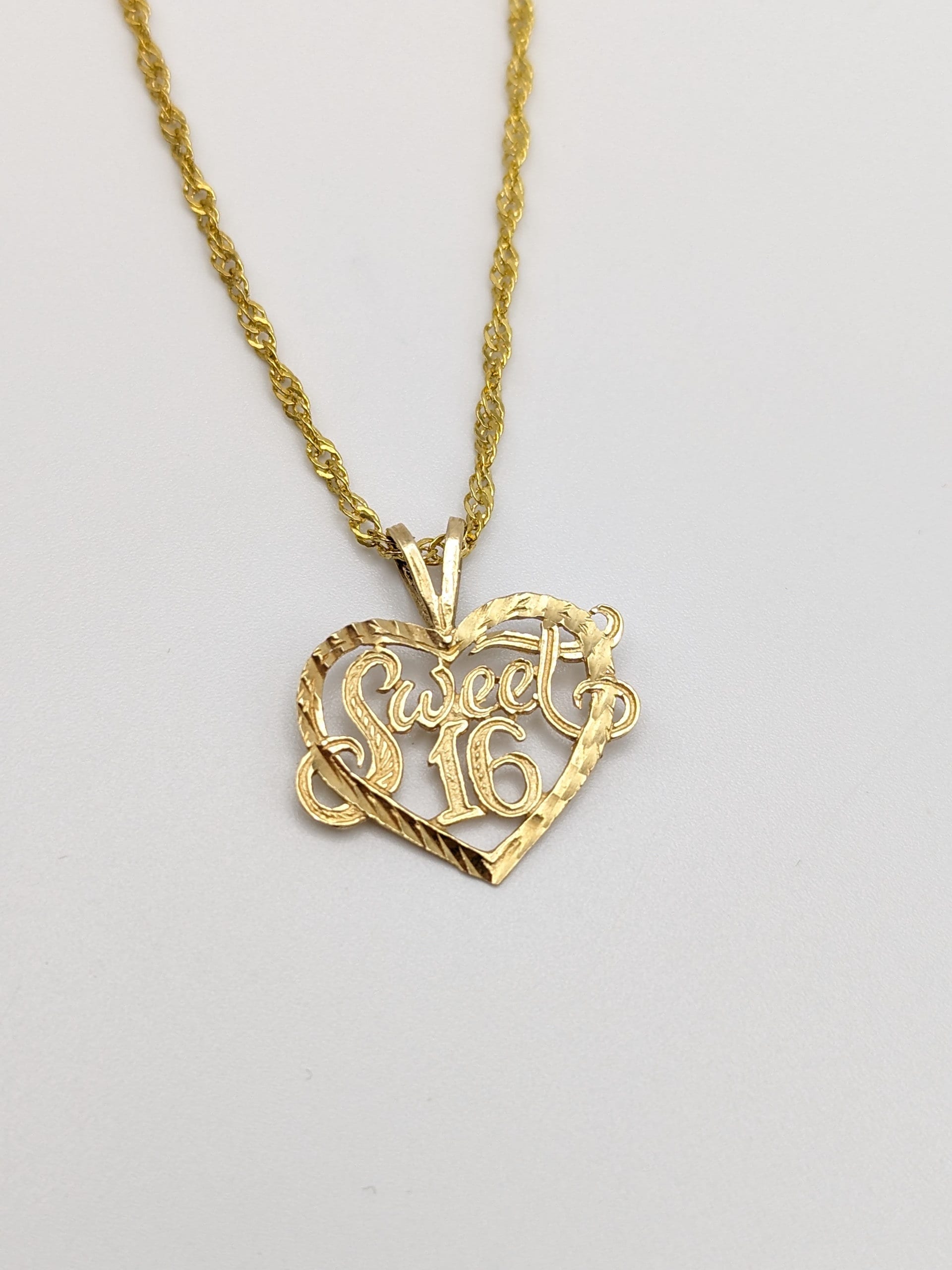 14k Yellow Gold Sweet 16 Heart Pendant. 14k Yellow Gold Vintage Heart Pendant w GF 18k chain