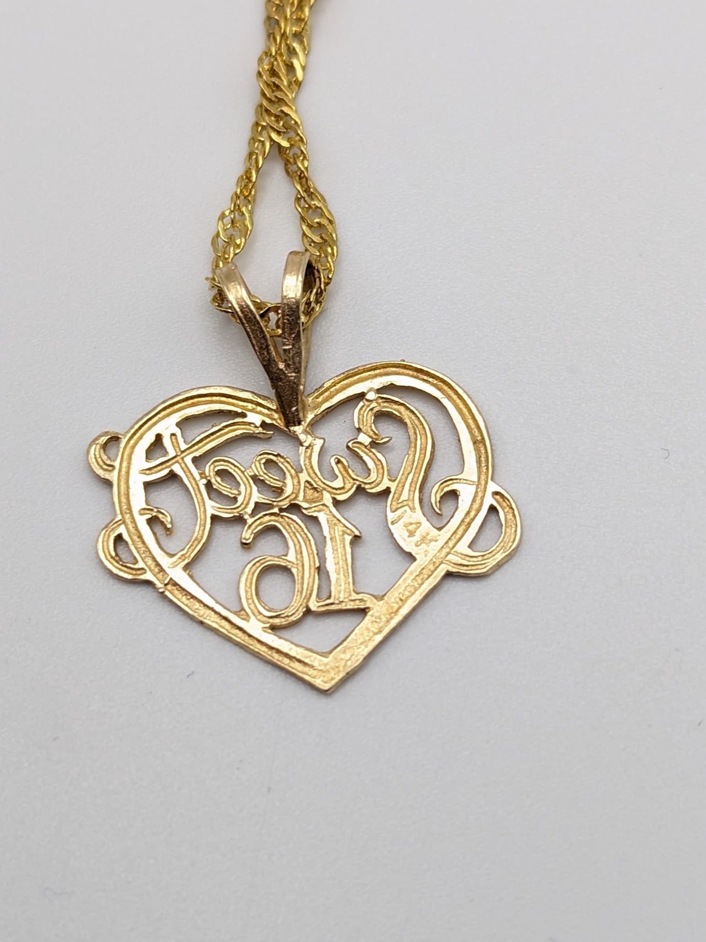 14k Yellow Gold Sweet 16 Heart Pendant. 14k Yellow Gold Vintage Heart Pendant w GF 18k chain