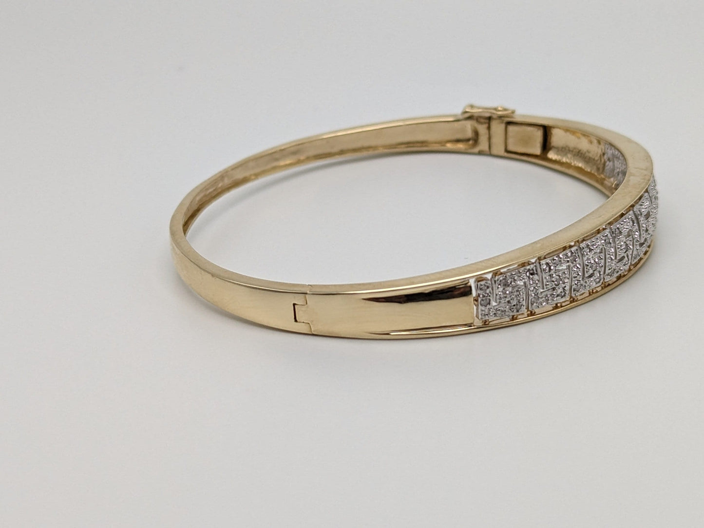 10K Heavy 12.6 gr Gold 9.0 Greek Key 0.25 ct Diamond Bangle Bracelet 7.5" 10k Solid Gold