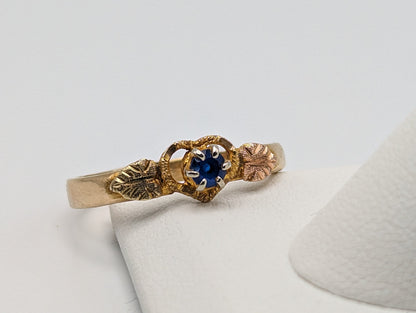 Black Hills Gold Blue Tanzanian Spinel Gem Stone Heart Ring 10k 12k Leaf Blue Stone Leaf Heart Ring. 10k Womens BHG Ring.