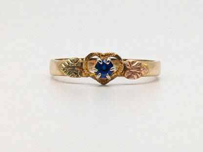 Black Hills Gold Blue Tanzanian Spinel Gem Stone Heart Ring 10k 12k Leaf Blue Stone Leaf Heart Ring. 10k Womens BHG Ring.