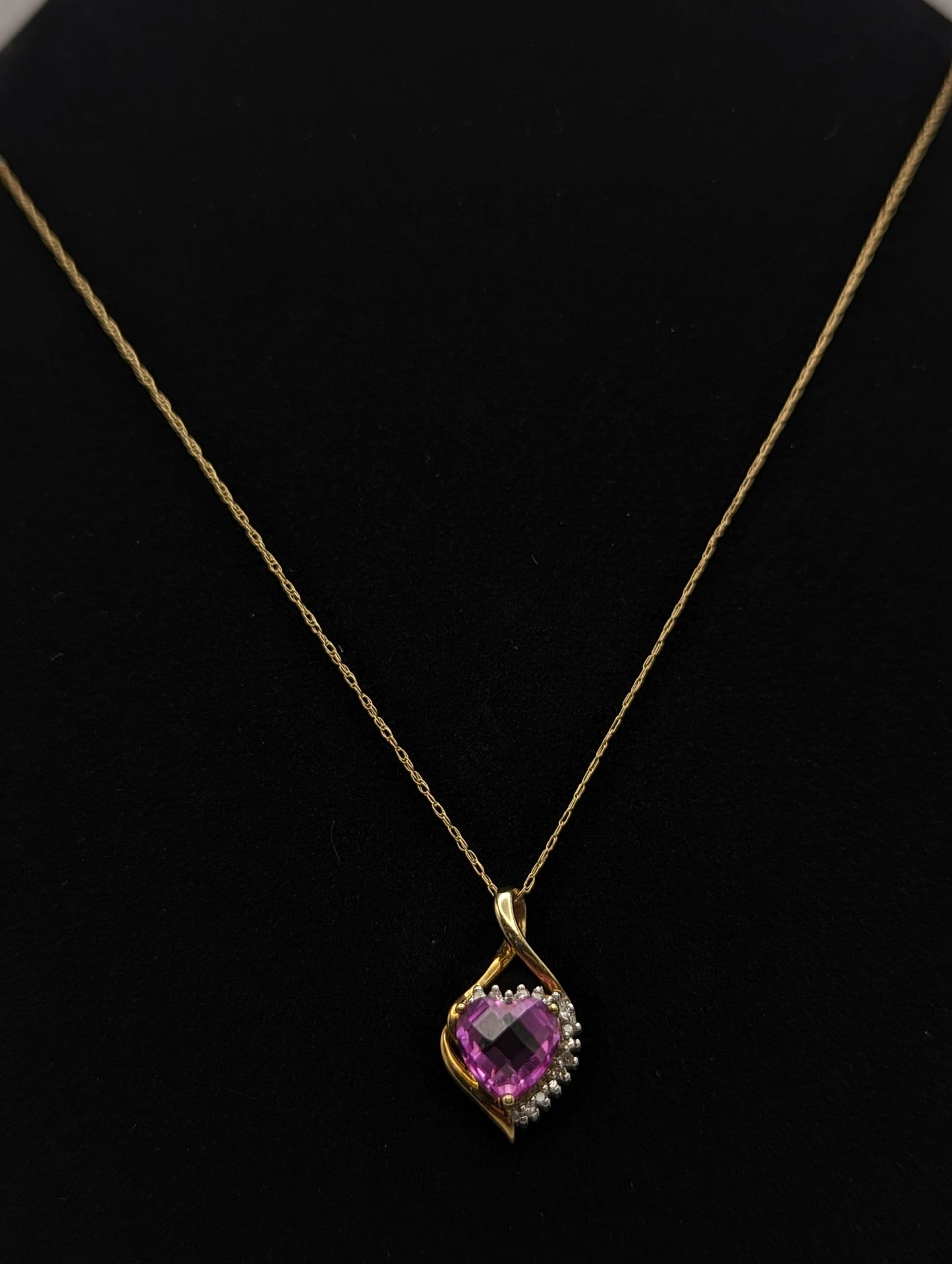 10K Yellow Gold Pink Sapphire Heart Diamond Pendant Gold Chain Necklace. 10k Sapphire Heart Pendant. 10k Heart Pendant