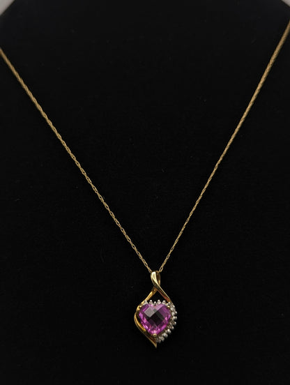 10K Yellow Gold Pink Sapphire Heart Diamond Pendant Gold Chain Necklace. 10k Sapphire Heart Pendant. 10k Heart Pendant
