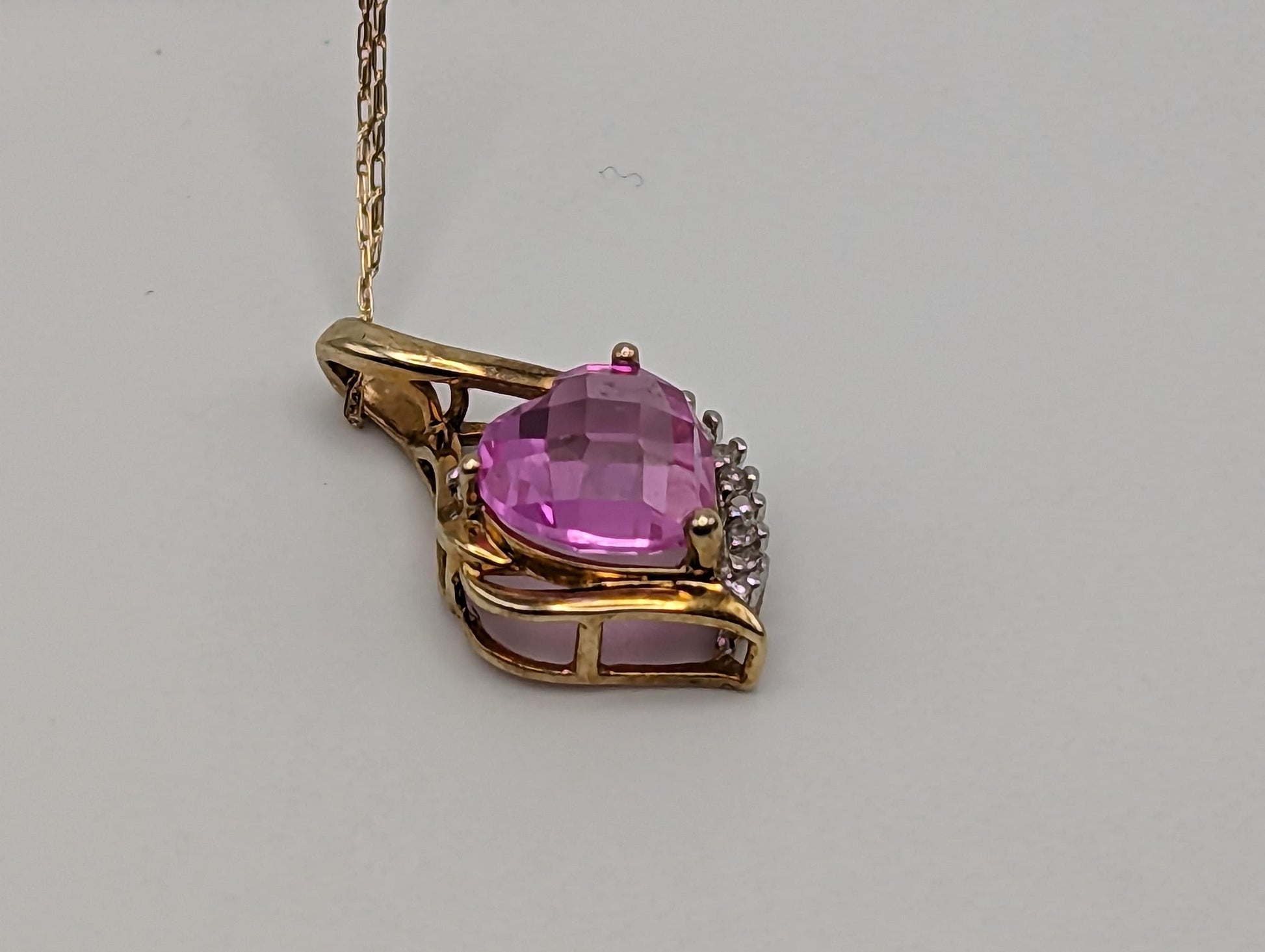 10K Yellow Gold Pink Sapphire Heart Diamond Pendant Gold Chain Necklace. 10k Sapphire Heart Pendant. 10k Heart Pendant