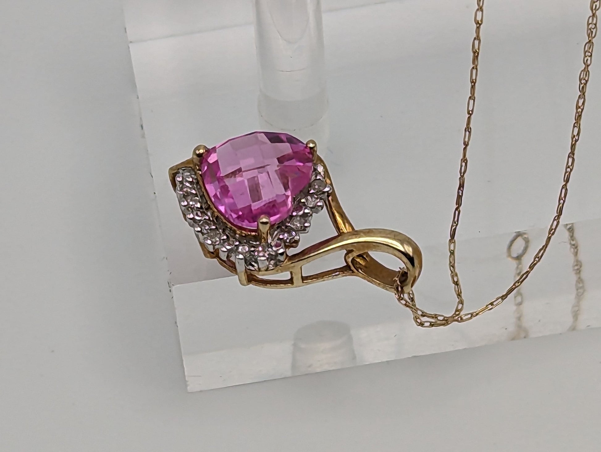 10K Yellow Gold Pink Sapphire Heart Diamond Pendant Gold Chain Necklace. 10k Sapphire Heart Pendant. 10k Heart Pendant