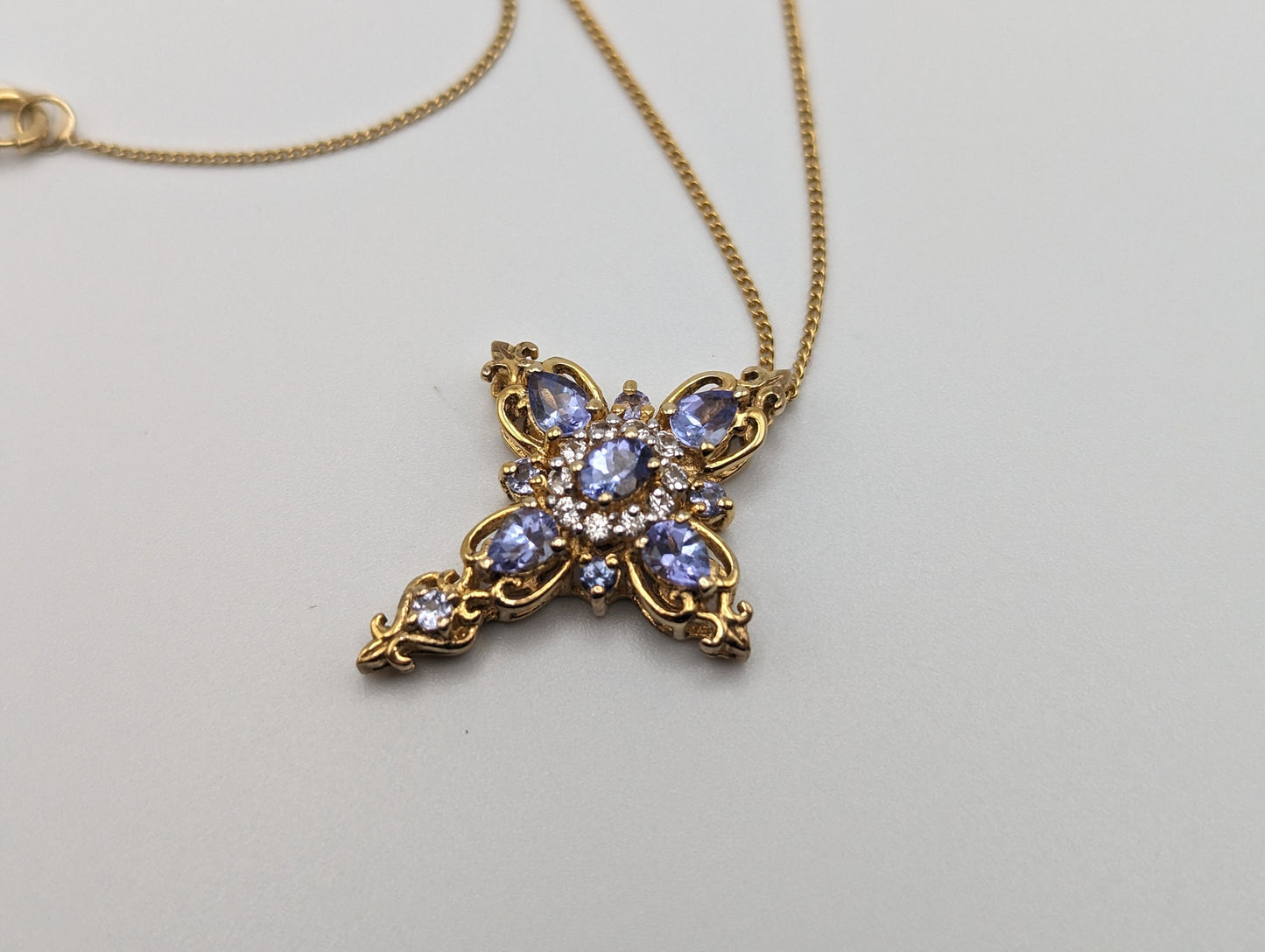 Gold Filled Cross Blue Tanzanite Pendant Necklace Crucifix Yellow Gold Cross Pendant 20" Necklace.